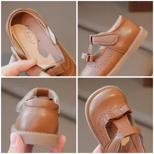 Chaussures Mary Jane marron pour filles avec nœud décoratif et semelle antidérapante