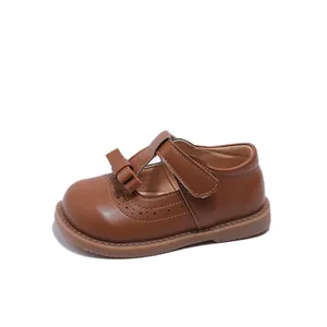 Chaussures Mary Jane marron pour filles avec nœud et fermeture velcro en T