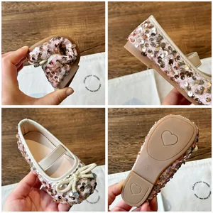 Sparkly sequins girls Mary Jane shoes with bow decoration and flexible non-slip soles
