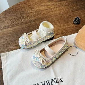 Sparkly sequins girls Mary Jane princess shoes with bow decoration and elastic strap