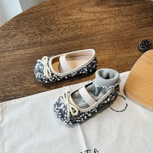 Sparkly silver sequins girls Mary Jane shoes with cream bow and elastic strap