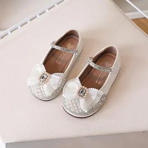 Chaussures Mary Jane blanches pour filles avec paillettes, nœuds en dentelle et perles