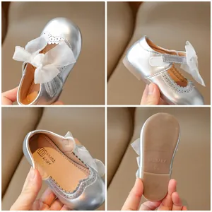 Silver girls princess shoes with white mesh bow and metallic finish in four-angle view