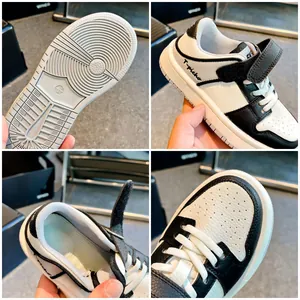 Zapatillas de cuero blanco y negro para niños con suela antideslizante y velcro
