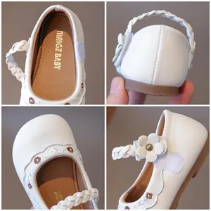 White girls Mary Jane shoes with floral embroidery and hook-and-loop straps shown in four views