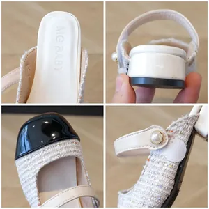 Girls' tweed Mary Jane sandals with pearl strap and glossy black patent leather toe cap