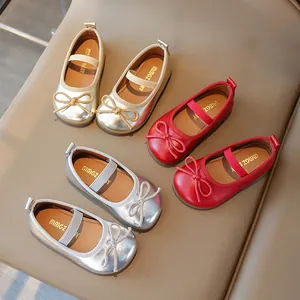Girls Mary Jane Shoes Bowknot PU Leather Princess Flat Shoes Non-slip Metallic Gold Silver Red Wedding Party Toddler Shoes