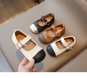 Detailed view of color-block Mary Jane shoes with matte leather and buckle straps