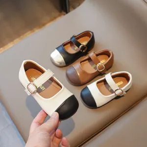 Kids Girls Mary Jane Shoes Patchwork PU Leather Toddler Princess Flat Shoes Velcro Breathable Non-Slip School Party Casual Shoes