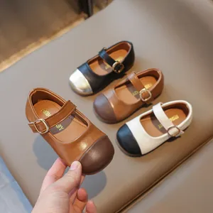Toddler girls Mary Jane patchwork leather shoes with adjustable metal buckles and soft soles