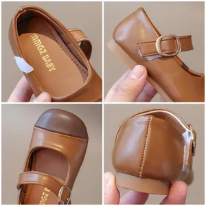 Brown patchwork Mary Jane leather shoes for girls with soft sole and metal buckle
