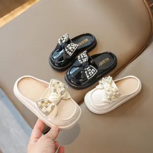 Girls Sweet Princess Bow Mules Patent Leather Artificial Pearls Rhinestones Slip On Closed Toe Slippers Party Wedding Casual Footwear