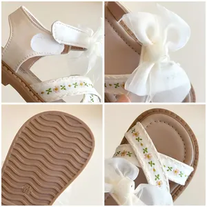 Sandales princesse pour filles avec nœud, broderie florale et semelle antidérapante
