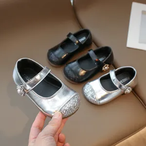 Toddler Girls Mary Jane Princess Shoes Glitter Sequin Flower Artificial Pearl Decor Non Slip Flat Shoes For Wedding Party School