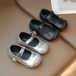 Girls sequin Mary Jane shoes in silver and black with pearl flower velcro straps