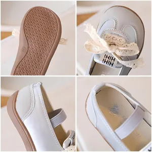 Scarpe Mary Jane per bambina con fiocco in pizzo e suola antiscivolo in pelle beige
