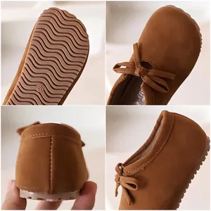 Mocassins marron en daim pour filles avec nœud et semelle antidérapante en quatre vues