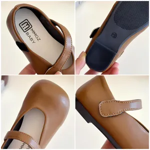 Brown Mary Jane shoes for kids with velcro straps and non-slip rubber soles in four views