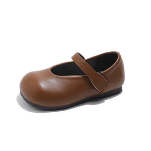 Classic brown matte PU leather Mary Jane shoes for girls with velcro strap and round toe