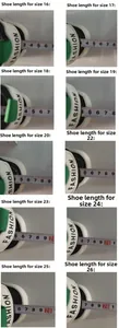 Maattabel voor kindersandalen met binnenlengtes van 13 cm tot 20,5 cm en meetlintmeting