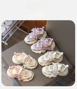 Detailed display of kids summer breathable sports sandals in lavender, beige and pink