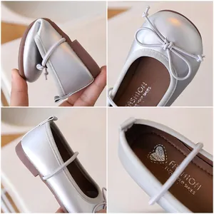 Zapatos Mary Jane plateados para niña con lazo y suela flexible antideslizante de moda