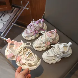 Kids Sports Sandals Breathable Mesh Synthetic Leather Chunky Dad Sneakers For Girls Summer Beach Hollow Out Hook And Loop Shoes