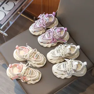 Breathable summer kids sports sandals in purple, pink and beige with mesh fabric