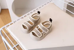 Close-up of toddler walking sandals with breathable mesh fabric and double velcro straps