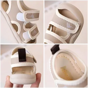 Multi-angle view of beige toddler sports sandals with protective toe and velcro straps