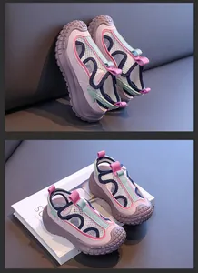 Detail view of purple breathable mesh children's sandals with thick anti-slip rubber soles