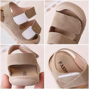 Khaki toddler sandals with soft rubber sole and dual velcro straps shown from multiple angles