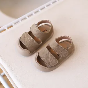 Khaki baby sandals with anti-collision closed toe and dual hook-and-loop straps
