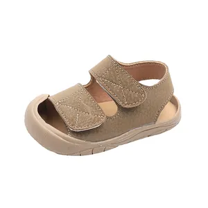 Protective toe baby sandals in khaki faux leather with dual velcro and non-slip rubber sole