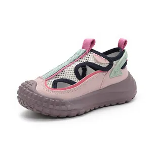 Kids breathable mesh sports sandals in pink and purple with durable anti-collision toe