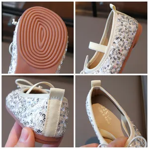 Silver sequin Mary Jane shoes for girls with elastic strap and anti-slip rubber sole