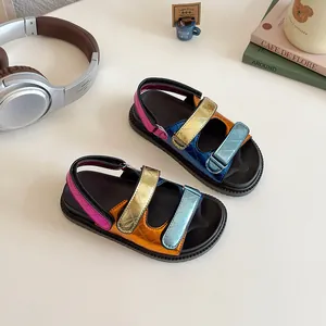 Kids Girls Metallic Synthetic Leather Sandals Colorblock Quilted Diamond Lattice Thick Sole Non-slip Velcro Beach Shoes