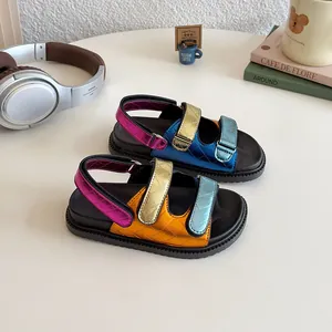Colorful metallic leather kids' sandals with quilted velcro straps and thick anti-slip soles