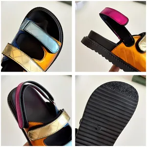 Colorful metallic leather kids sandals with quilted straps and thick non-slip soles
