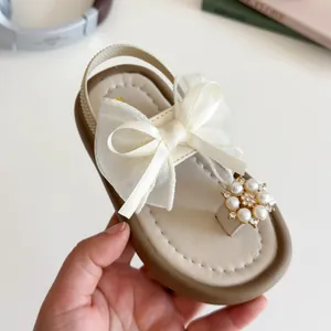 Girls summer thong sandals with mesh bow and pearl flower on non-slip sole