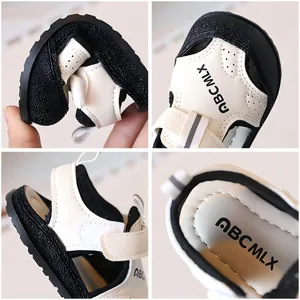 Sandales cuir enfant noir et blanc avec semelle souple et embout de protection pour bébés