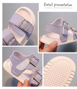 Detail view of purple kids' sandals with anti-slip thick soles and velcro straps