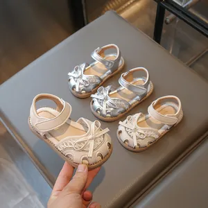 Toddler Girls Princess Sandals With Bow Lace Hollow Out Closed Toe Summer Shoes Breathable Non-Slip Flat Sandals For Kids