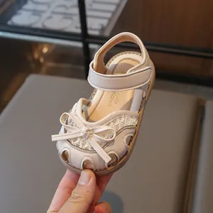 Kids cream hollow sandals with lace bows and Velcro straps, Korean style princess shoes