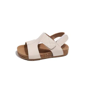 Kids cork footbed sandals in beige faux leather with adjustable hook-and-loop straps