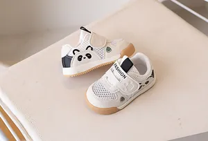 Top-down view of toddler walking shoes featuring breathable mesh and cute panda motifs