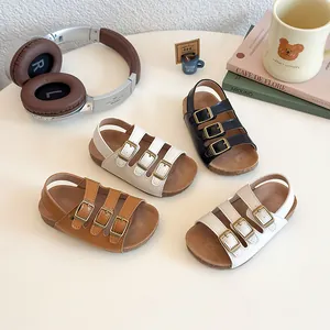 Children's summer Birkenstock-style sandals in four colors with triple metal buckle straps