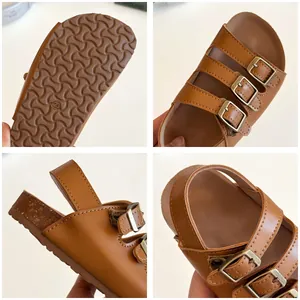 Brown toddler Birkenstock style sandals with triple buckle straps and anti-slip sole
