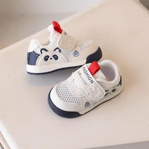 Breathable white mesh baby sneakers with panda pattern and non-slip blue sole