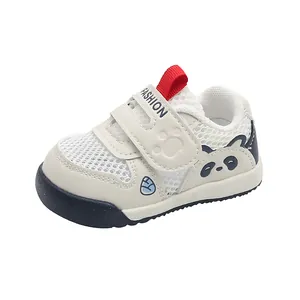 Toddler summer mesh sneakers with panda design and velcro closure in white and beige